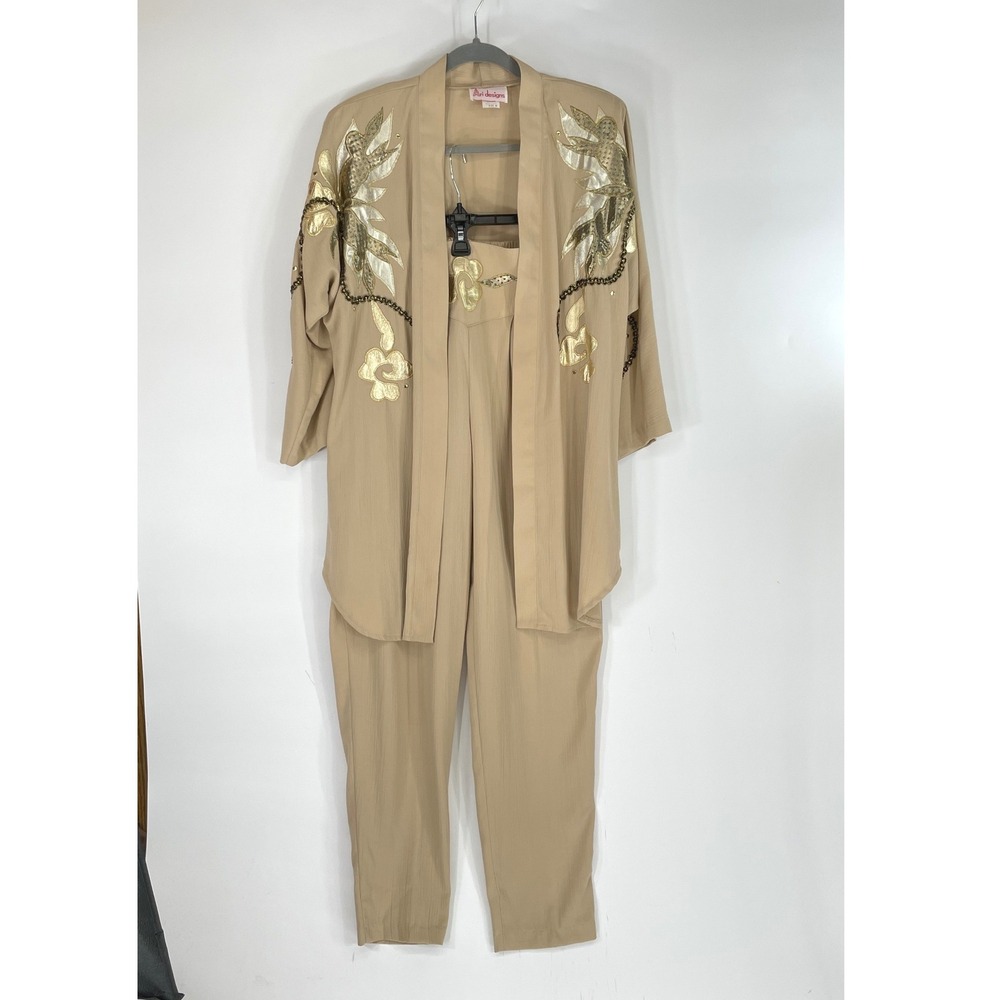 Ari Designs Womens Pant Set Size M Kimono Jacket Tan Gold Embellished Glam Retro